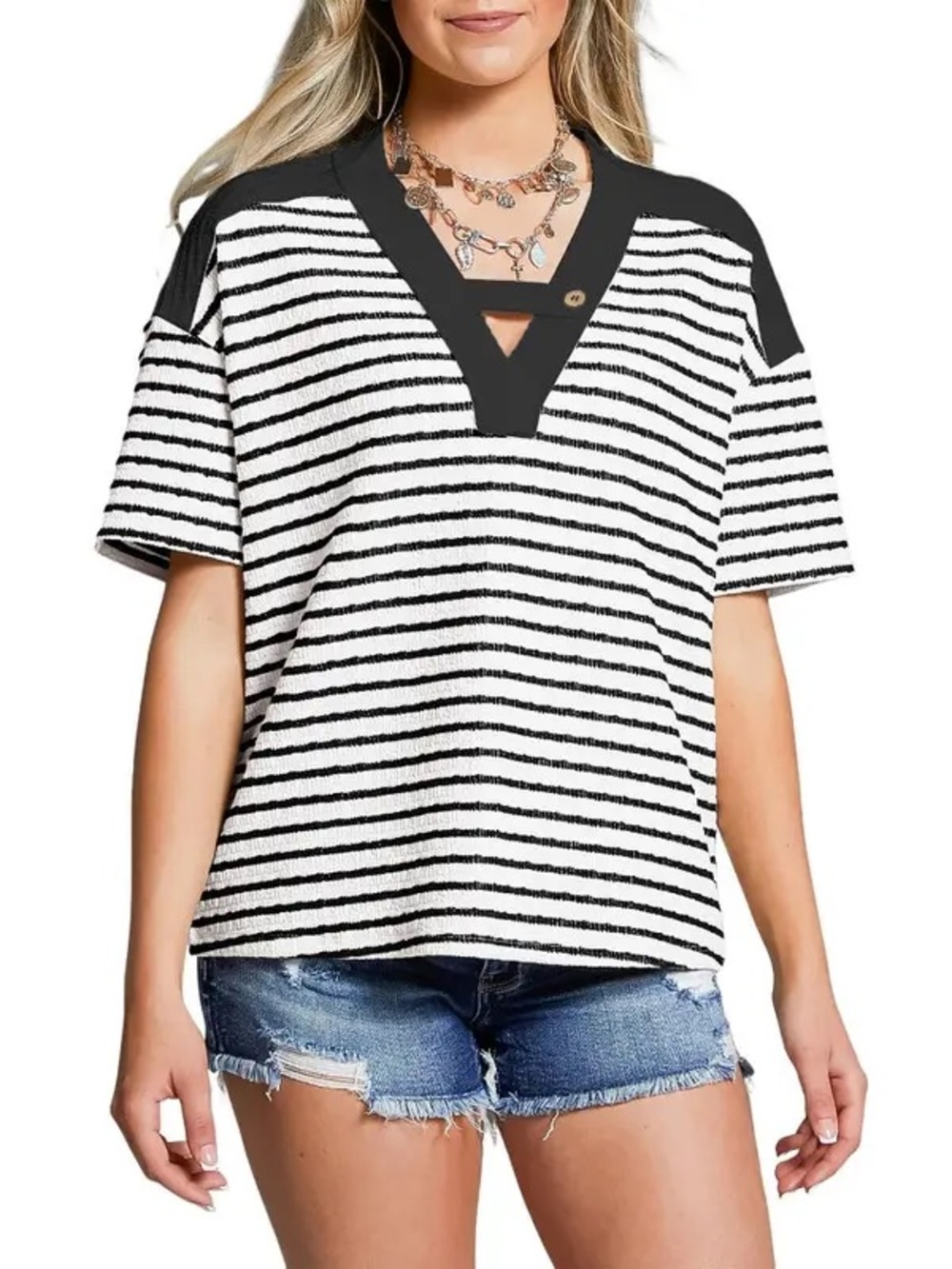 Dokotoo Striped V-Neck Short Sleeve Top